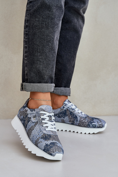 Zamszowe Wzorzyste Buty Sportowe Na Platformie Z Brokatem D&A LR51-635 Niebieskie
