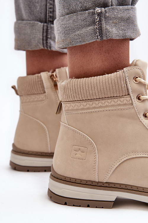 Damskie Skórzane Trapery Ocieplane Beżowe Bimena