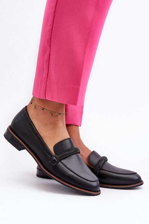 Skórzane Mokasyny Damskie Z Ozdobnym Paseczkiem Czarne Saosin