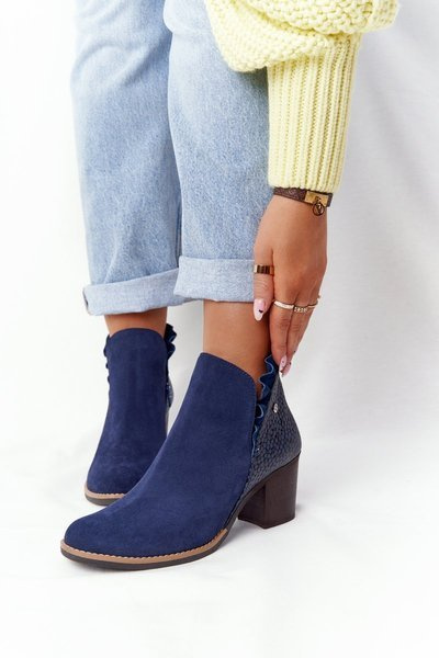 Damskie Skórzane Botki Na Słupku Maciejka Granatowe 04833-17