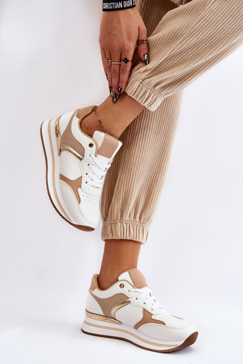 Damskie Modne Buty Sportowe Na Koturnie Biało-Beżowe Yuki