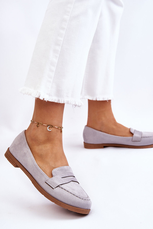 Wygodne Zamszowe Damskie Mokasyny Szare Lucca