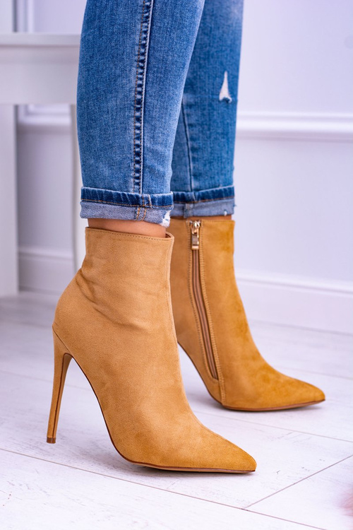 Lu Boo Zamszowe Botki na Szpilce Camel Veneci