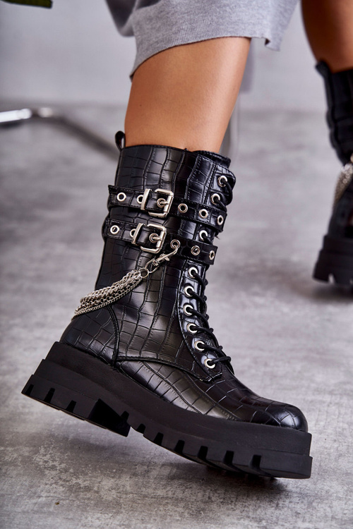 Wysokie Workery Botki Z Łańcuchem Wężowe Czarne Montero