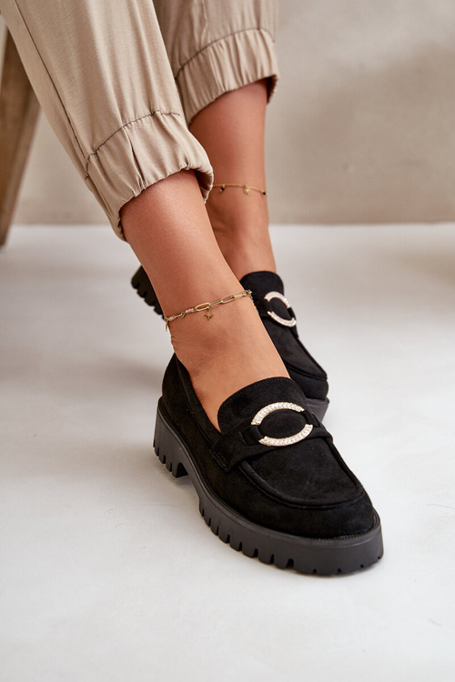 Damskie Eko Zamszowe Mokasyny Z Błyszczącym Detalem Czarne Avellina