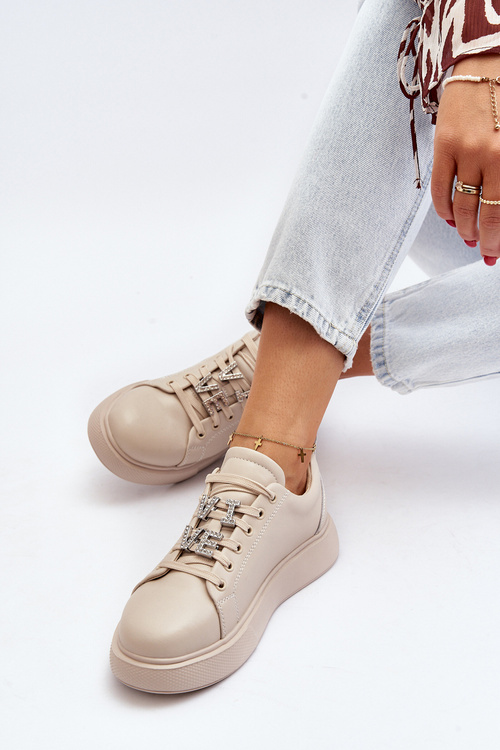 Damskie Sneakersy Skórzane Z Ozdobami Beżowe Dysuria