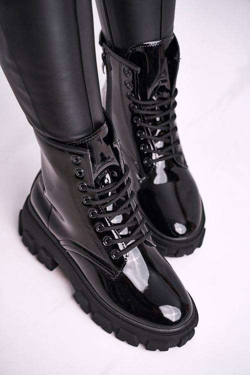 Botki Damskie Lakierowane Trapery Czarne Linzo