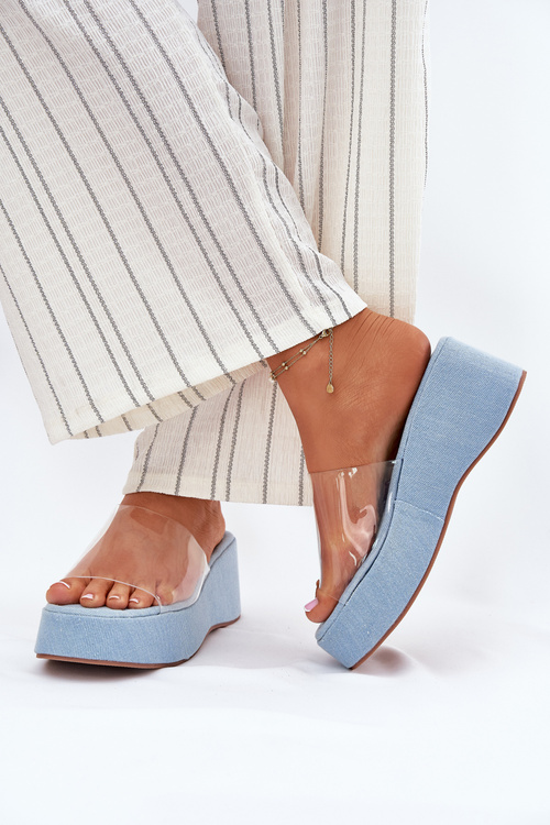 Klapki Damskie Z Transparentnym Paskiem Na Koturnie Jeansowe Meltiana