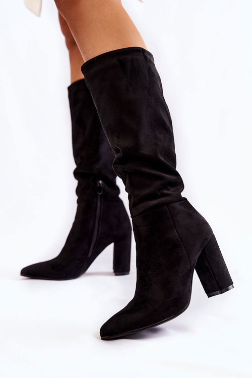 Zamszowe Wsuwane Kozaki Na Obcasie Czarne Miriam