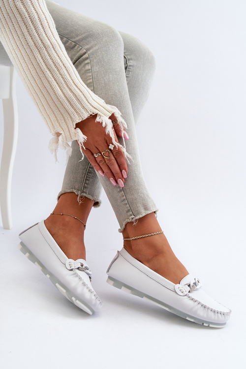 Skórzane Mokasyny Damskie Z Ozdobą Białe S.Barski LR339