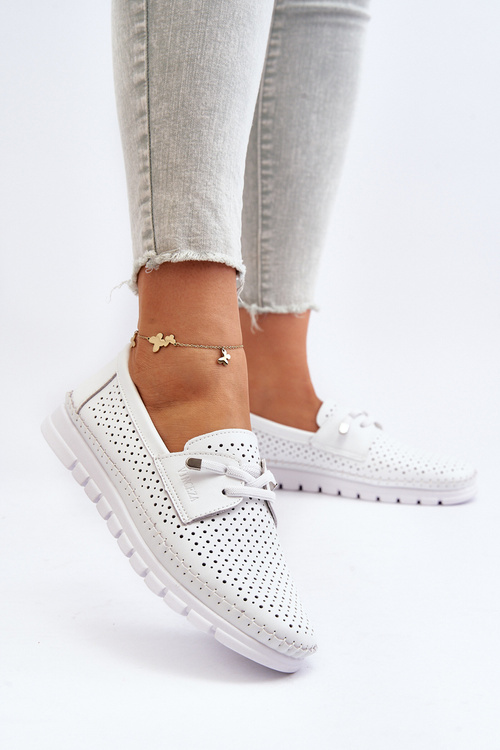 Skórzane Półbuty Damskie Ażurowe Białe Darnissa