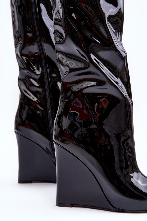 Lakierowane Kozaki Na Koturnie Czarne Delinn