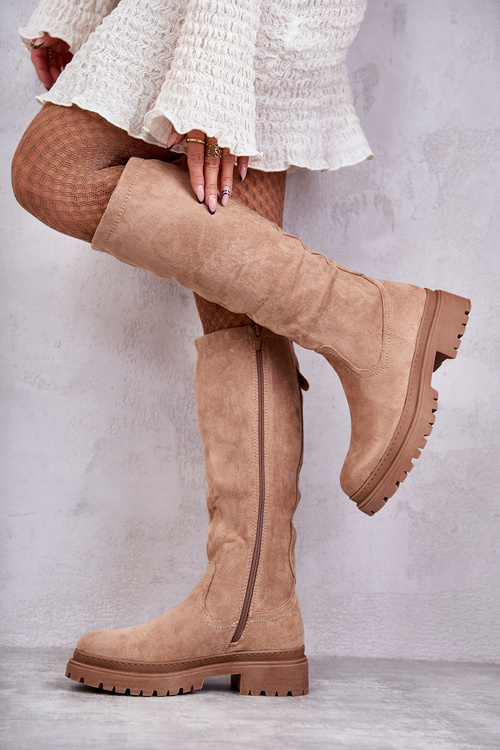 Damskie Ocieplane Kozaki Do Kolana Beżowe Helma