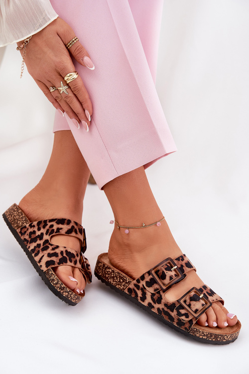 Klapki Damskie Z Klamrami Na Korkowej Podeszwie Panterka Brązowe Sercele