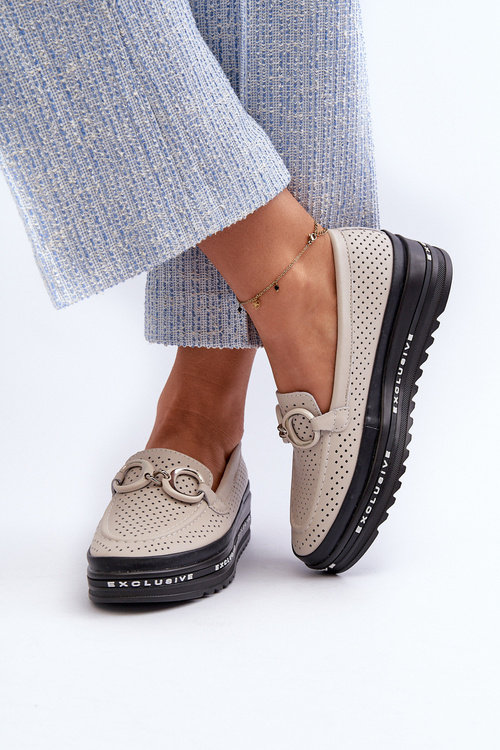 Skórzane Mokasyny Damskie Na Platformie Z Ozdobą S.Barski LR750 Beżowe