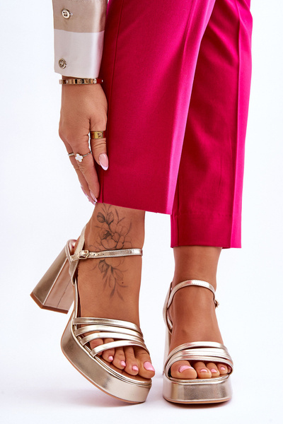 Damskie Skórzane Sandały Na Obcasie I Platformie Złote Verda