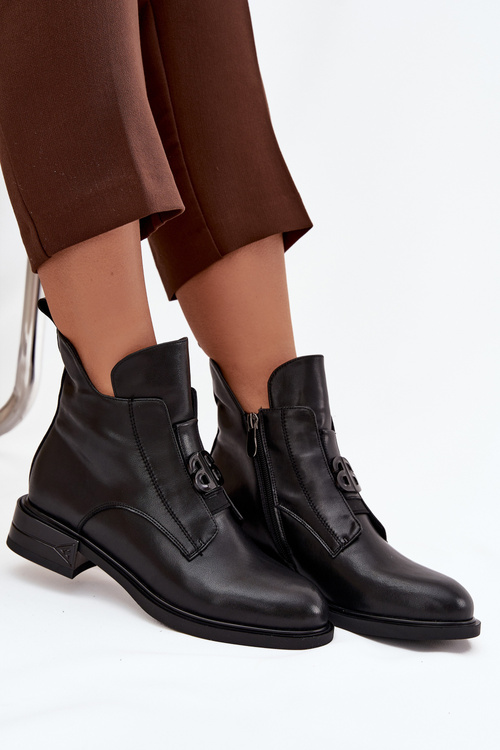 Ocieplane Skórzane Botki Damskie Z Ozdobnym Detalem Czarne Briselda