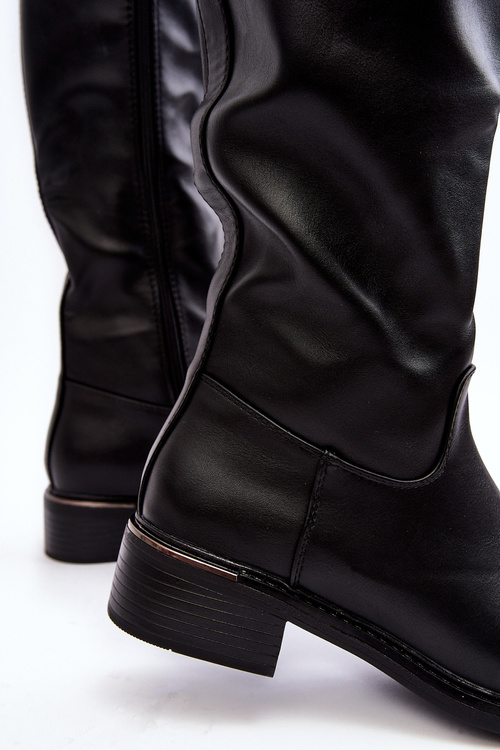 Damskie Kozaki Na Płaskim Obcasie Przed Kolano Czarne Aviare