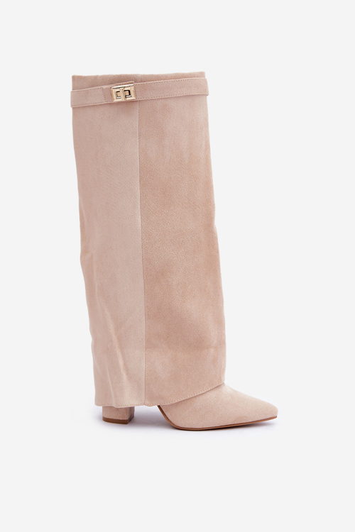 Damskie Kozaki Na Słupku Przed Kolano Jasnobeżowe Portora