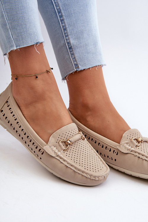 Mokasyny Damskie Ażurowe Z Ozdobą Beżowe Kaydance