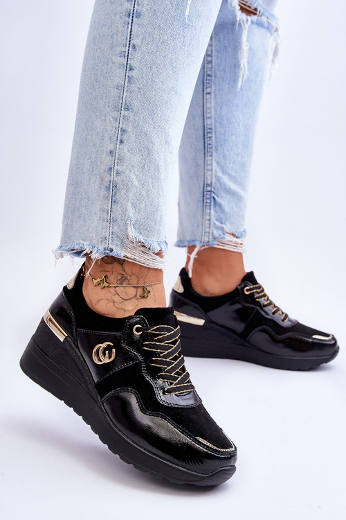 Damskie Skórzane Buty Sportowe Na Koturnie Czarne Rebeca