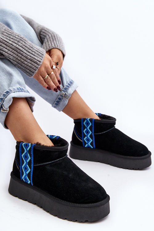 Skórzane Zamszowe Śniegowce Damskie Na Grubej Podeszwie Czarne Vebissat