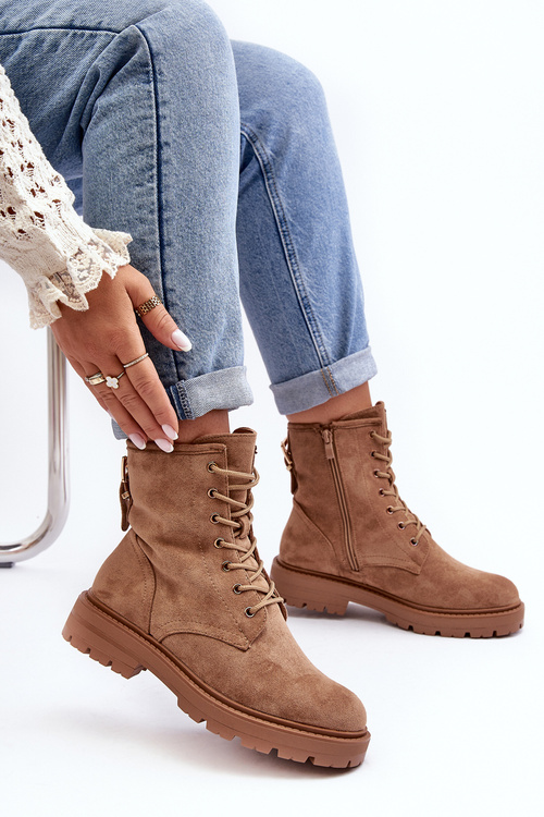 Damskie Botki Workery Na Suwak Jasnobrązowe Ninsuni