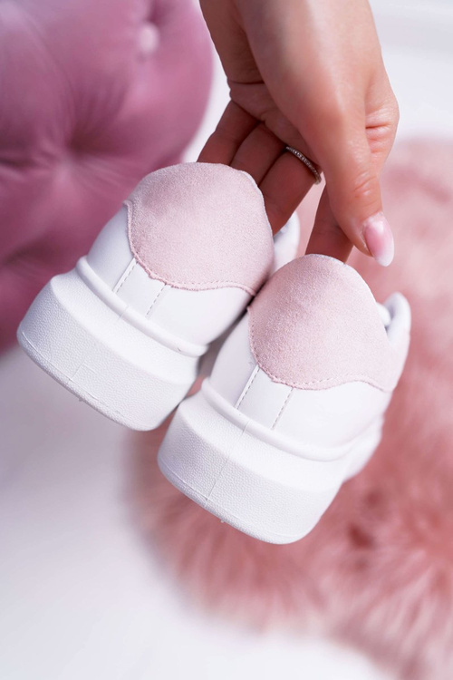 Sportowe Damskie Buty Gruba Podeszwa Białe Różowe Skirt