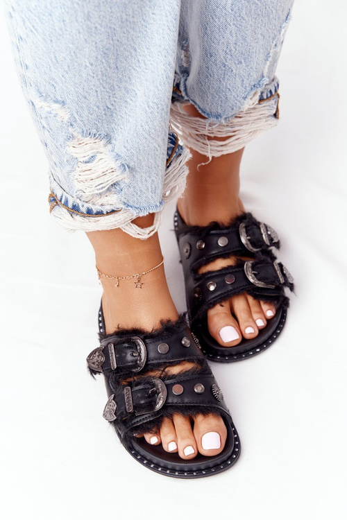 Klapki Z Klamrami I Futerkiem Czarne Lydi