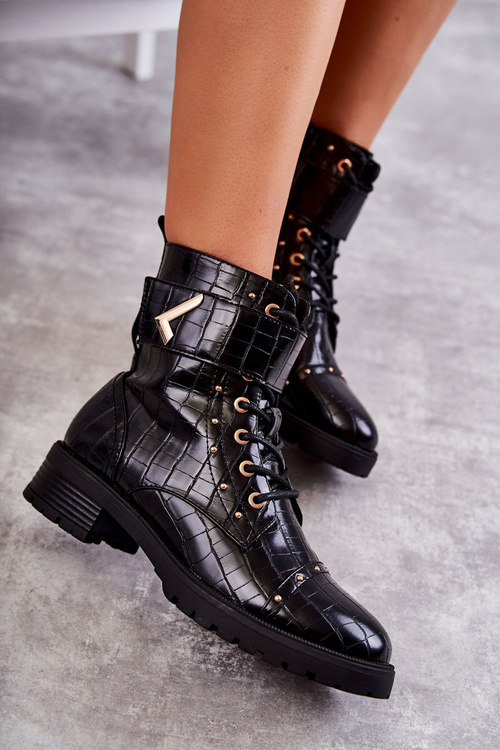 Ocieplane Skórzane Wężowe Botki Czarne Colira