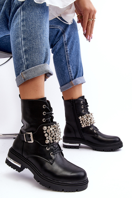 Damskie Ocieplane Botki Workery Zdobione Czarne Lennen