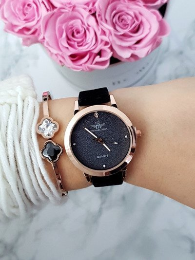 Damski Zegarek Michael John Evento Czarny Zamszowy Pasek Brokat