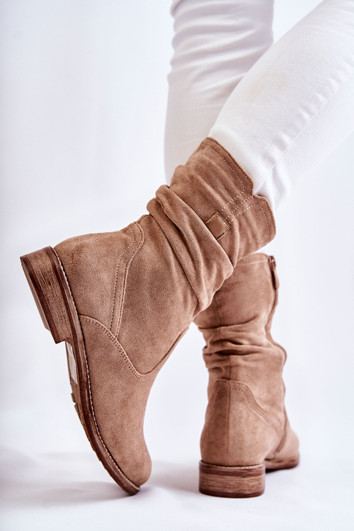 Damskie Marszczone Zamszowe Botki Beżowe Joanne