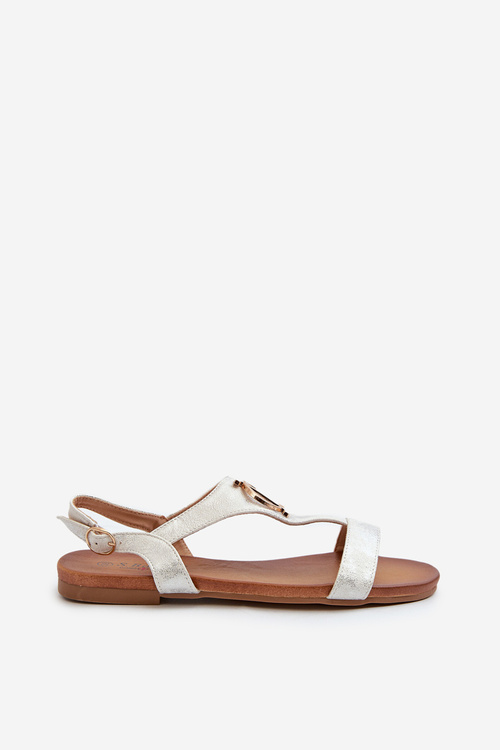 Płaskie Sandały Damskie Ze Złotą Ozdobą S.Barski KV27-051 Biało-Srebrne