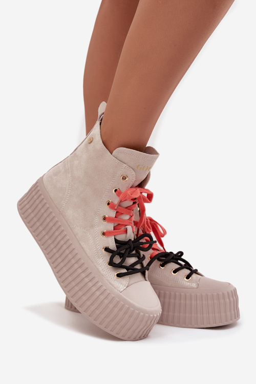 Zamszowe Ocieplane Trampki Damskie Na Masywnej Platformie GOE SS2N4047 Beżowe