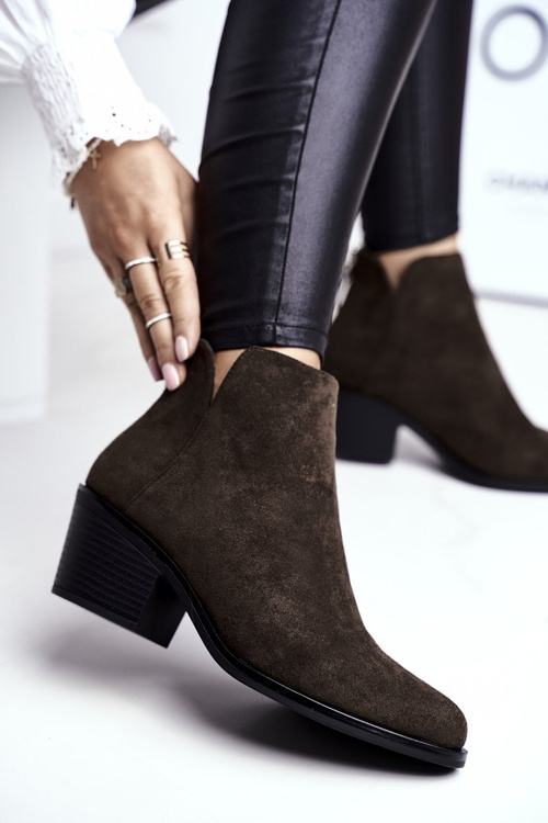 Botki Damskie Płaski Obcas Ocieplane Jesienne Khaki Milky