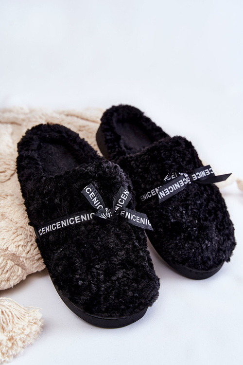 Damskie Futrzane Papcie Z Kokardką Czarne Ryana