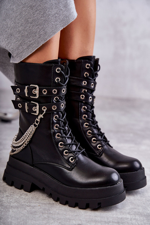 Wysokie Workery Botki Z Łańcuchem Czarne Montero