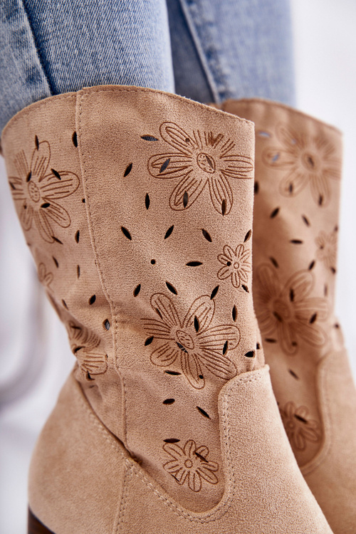 Damskie Zamszowe Botki Kowbojki W Kwiaty Beżowe Ariane