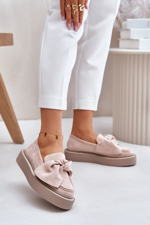 Mokasyny Damskie Na Platformie Z Kokardą Pudrowy Róż Naivine