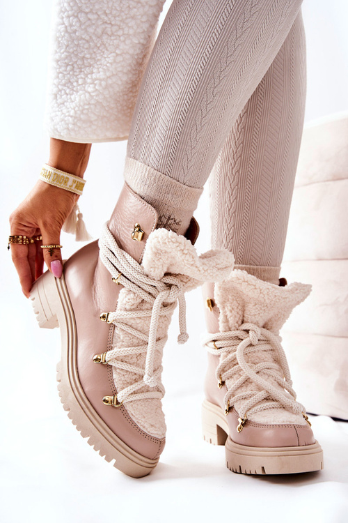 Skórzane Botki Trapery Wiązane Lewski Beżowe 3116