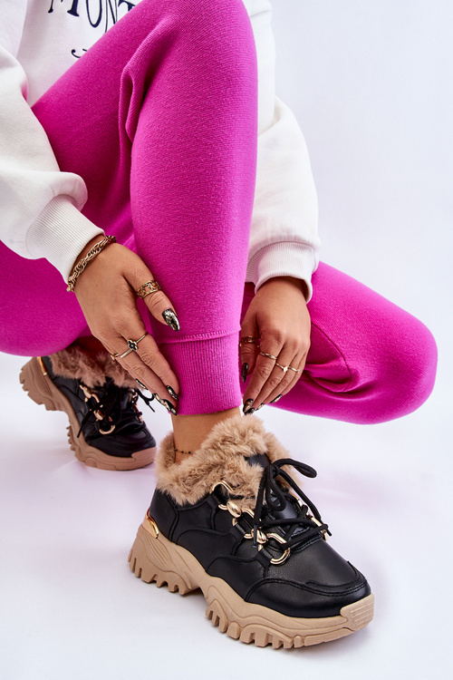 Damskie Ocieplane Buty Sportowe Sznurowane Czarno Beżowe Kerberos