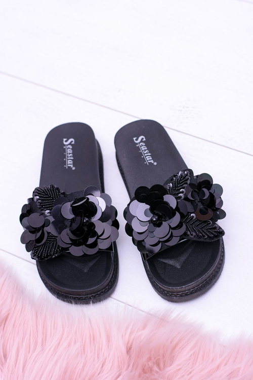 Damskie Czarne Klapki z Kwiatowym Wzorem Muah