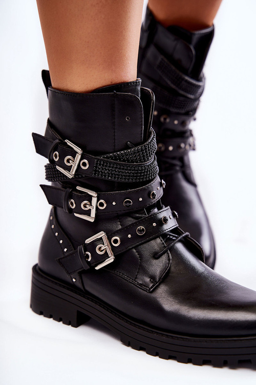 Damskie Ocieplane Botki Z Paskami Gładkie Czarne Lamberta