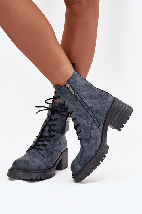 Skórzane Botki Workery Damskie Na Klocku Z Ozdobnym Detalem Artiker 57C0212 Niebieskie