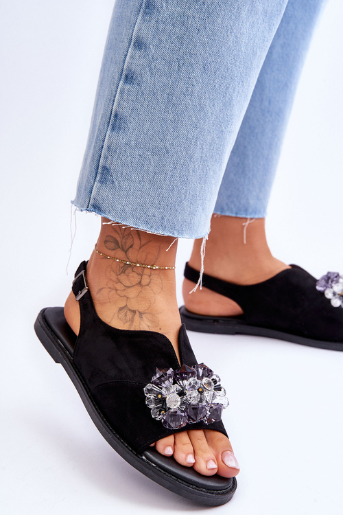 Damskie Zamszowe Sandały Z Kamieniami Czarne Mersea