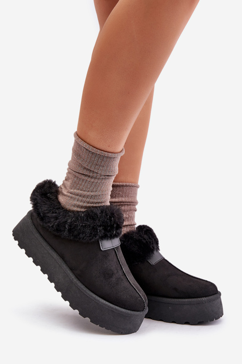 Śniegowce Z Niską Cholewką Z Futerkiem Na Platformie Eko Zamszowe Czarne Neathoria