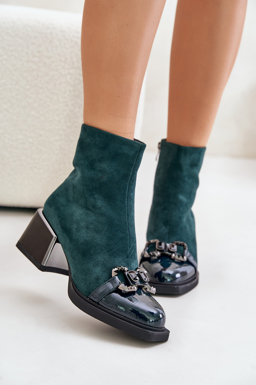Eleganckie Botki Damskie Na Obcasie Z Ozdobą Ciemnozielone MR880-127