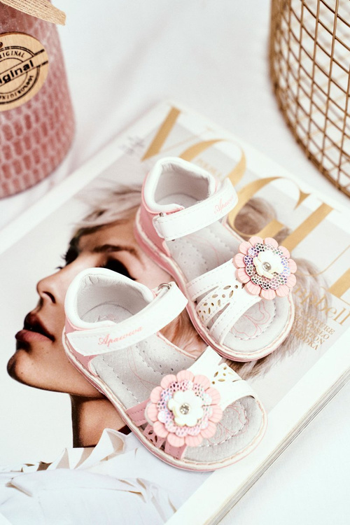 Sandały Dziecięce na Rzepy Kwiatuszek Różowe Mino