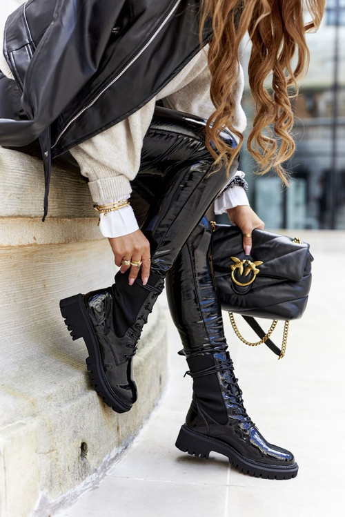 Damskie Botki Workery Lakierowane Czarne Maxine